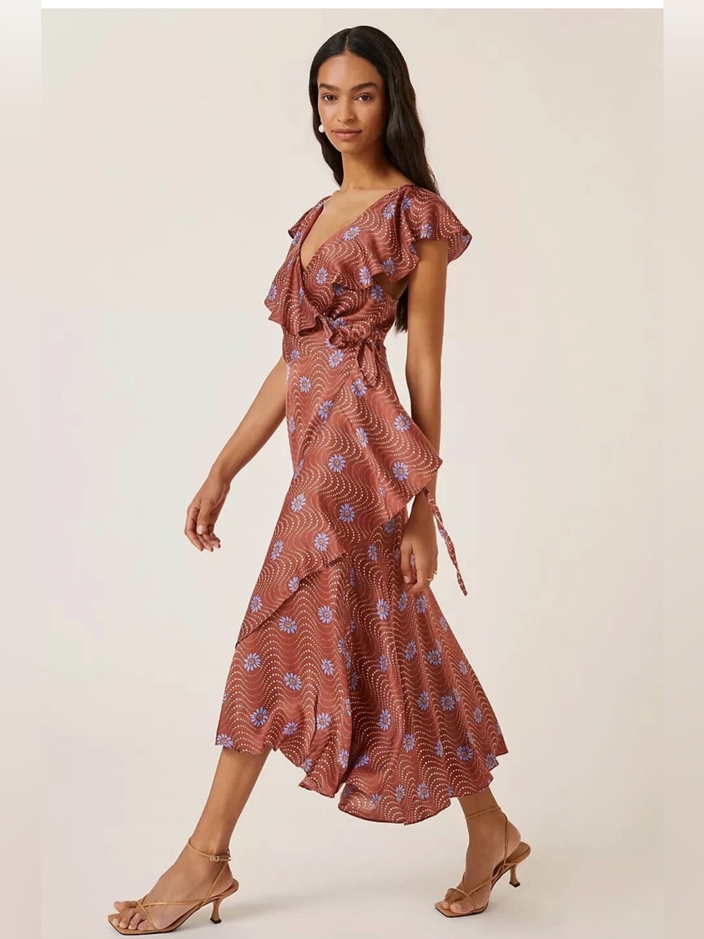 Anthropologie Rust Midi Dress with Blue Floral Print
